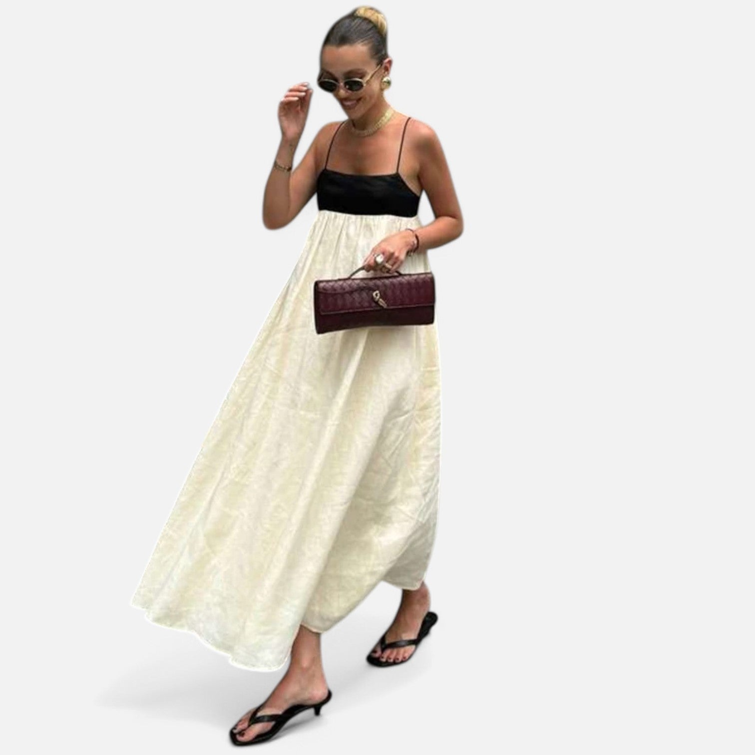 Laurel & Legacy | Women’S Elegant Contrast Maxi Dress Square Neck Backless High Waist