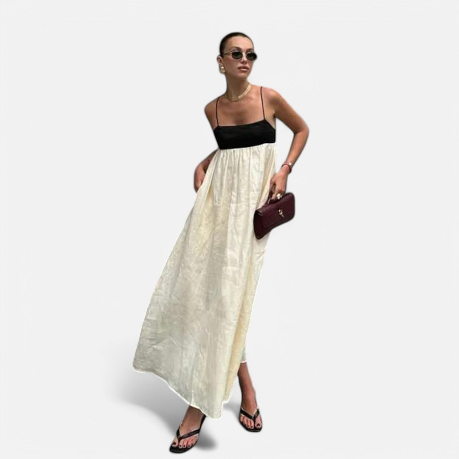 Laurel & Legacy | Women’S Elegant Contrast Maxi Dress Square Neck Backless High Waist