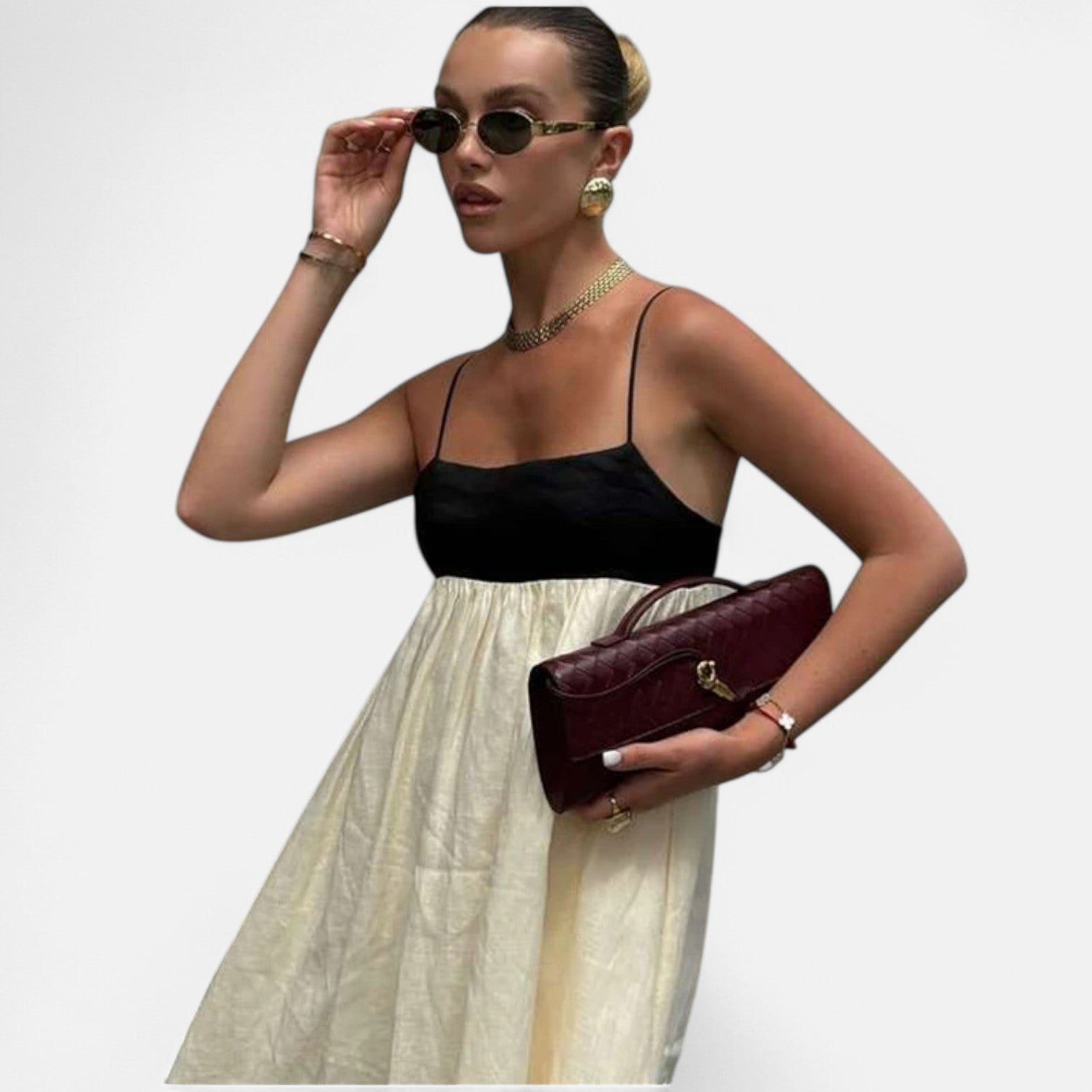 Laurel & Legacy | Women’S Elegant Contrast Maxi Dress Square Neck Backless High Waist