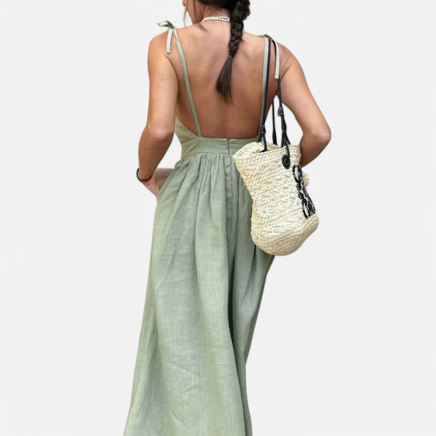 Laurel & Legacy | Women’S Elegant Green Maxi Dress V-Neck Backless Pleated Summer Style
