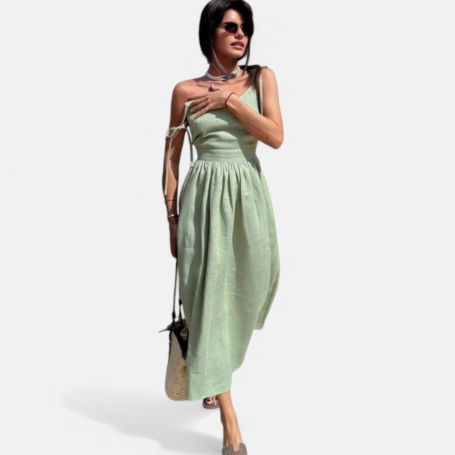 Laurel & Legacy | Women’S Elegant Green Maxi Dress V-Neck Backless Pleated Summer Style