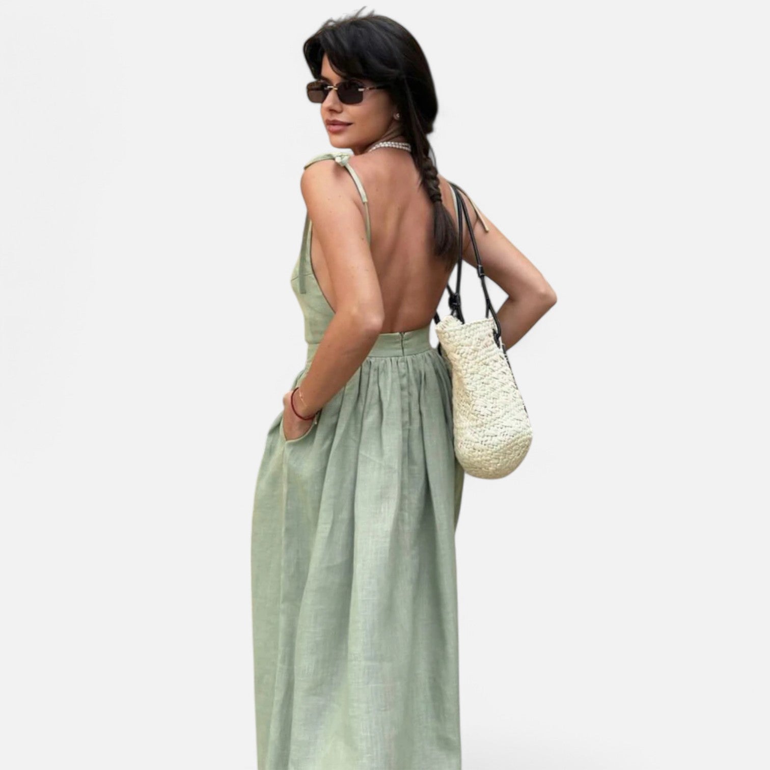 Laurel & Legacy | Women’S Elegant Green Maxi Dress V-Neck Backless Pleated Summer Style