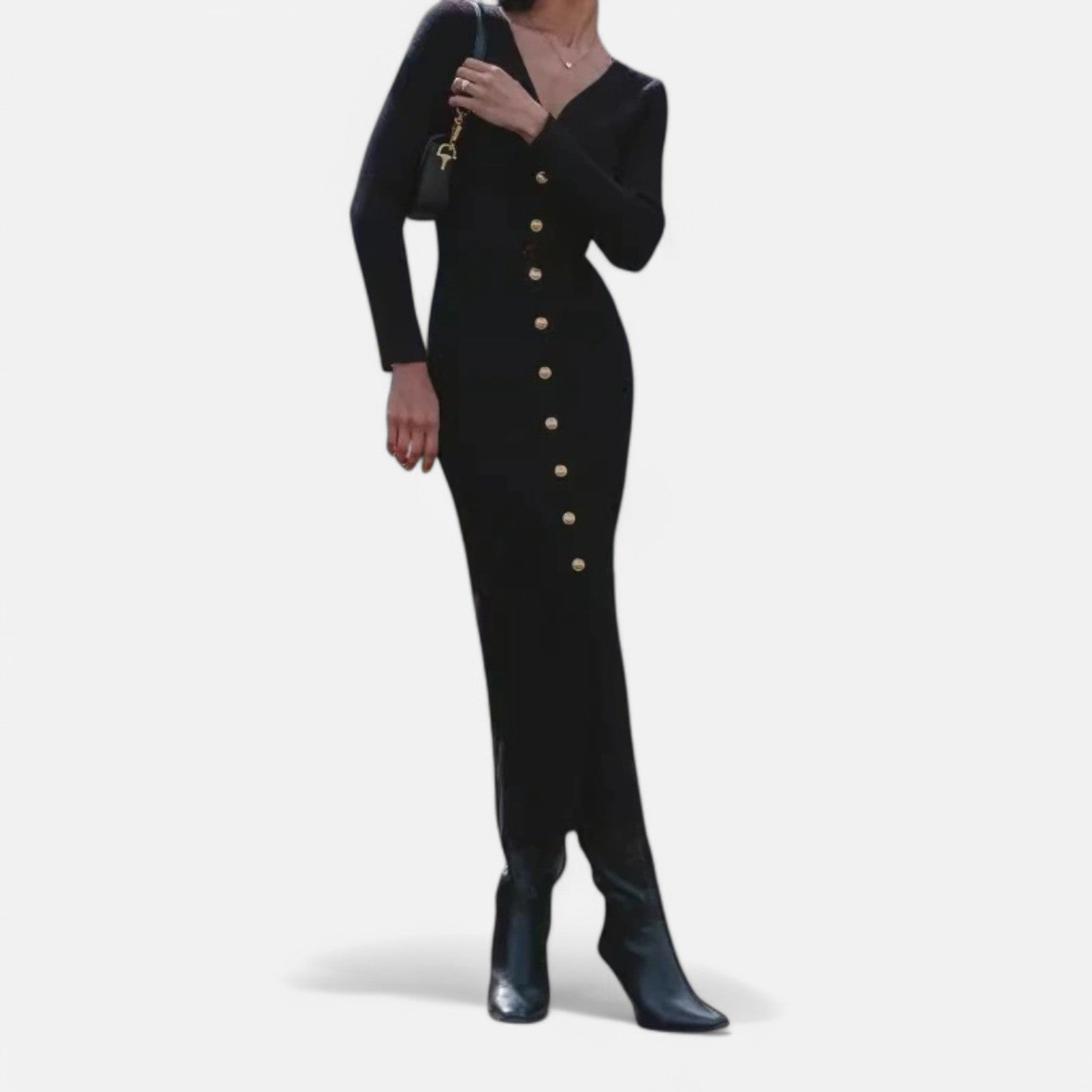 Laurel & Legacy | Women’S Elegant V-Neck Knit Maxi Dress Long Sleeve Slit Design