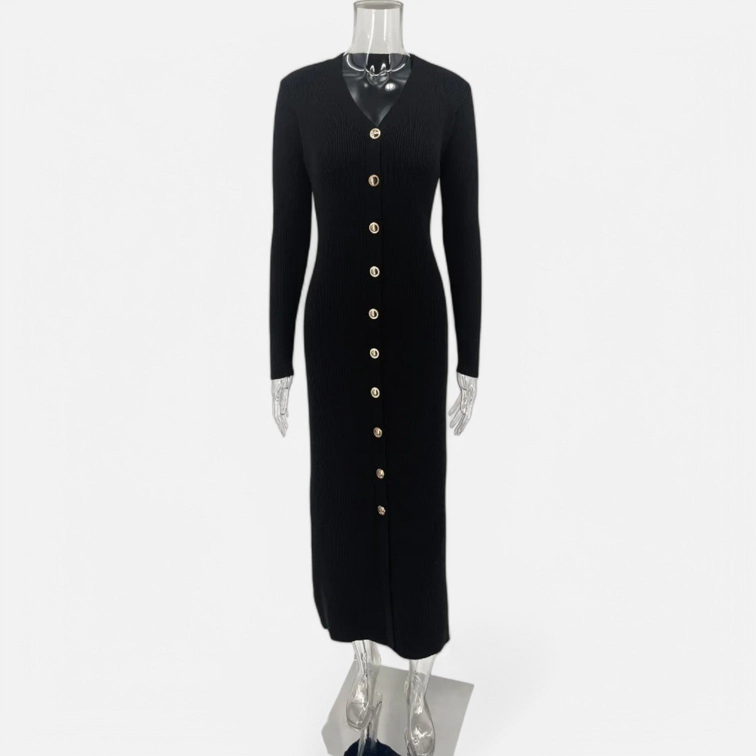 Laurel & Legacy | Women’S Elegant V-Neck Knit Maxi Dress Long Sleeve Slit Design