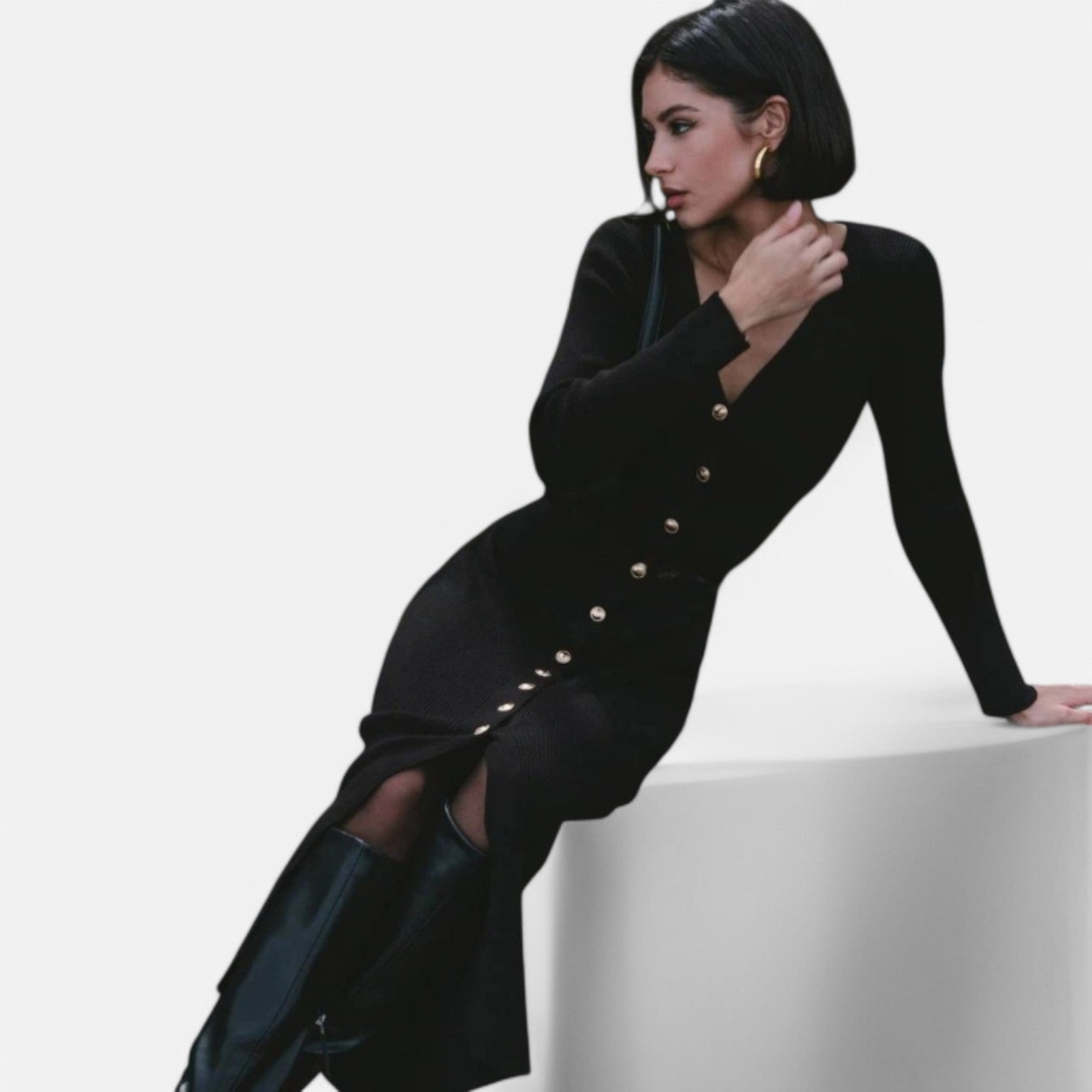 Laurel & Legacy | Women’S Elegant V-Neck Knit Maxi Dress Long Sleeve Slit Design