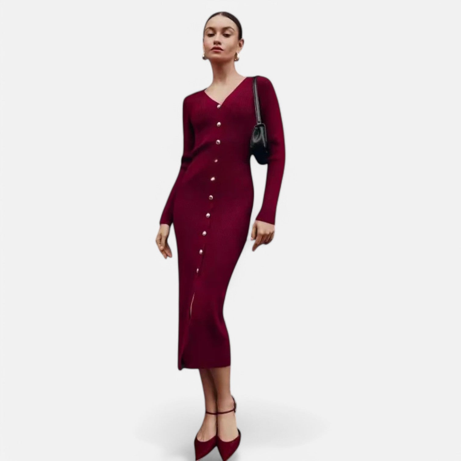 Laurel & Legacy | Women’S Elegant V-Neck Knit Maxi Dress Long Sleeve Slit Design