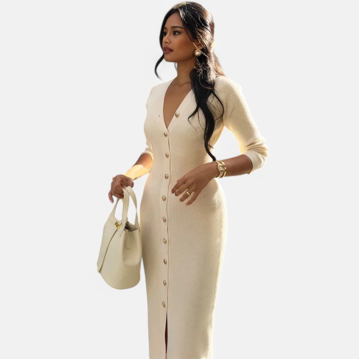 Laurel & Legacy | Women’S Elegant V-Neck Knit Maxi Dress Long Sleeve Slit Design