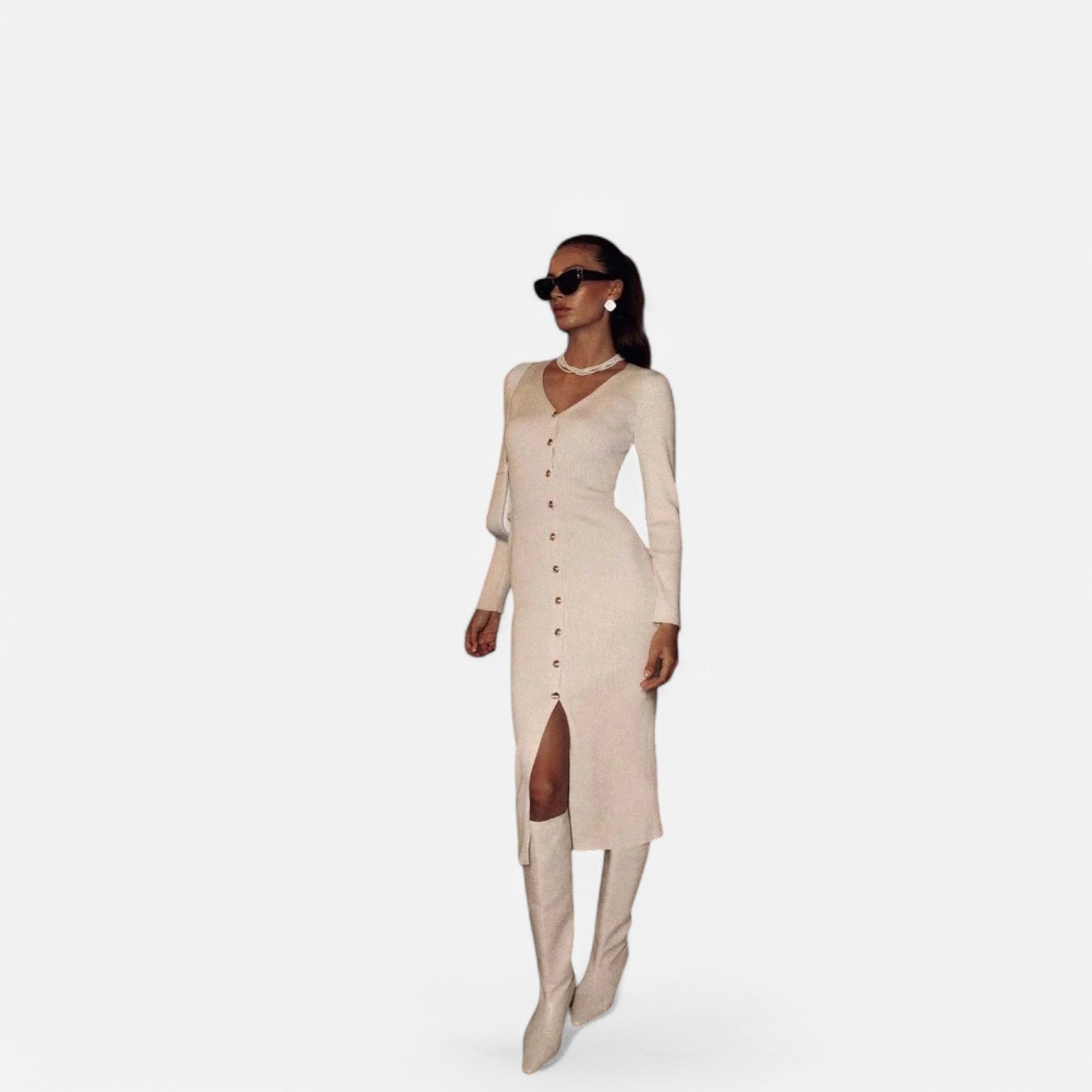Laurel & Legacy | Women’S Elegant V-Neck Knit Maxi Dress Long Sleeve Slit Design
