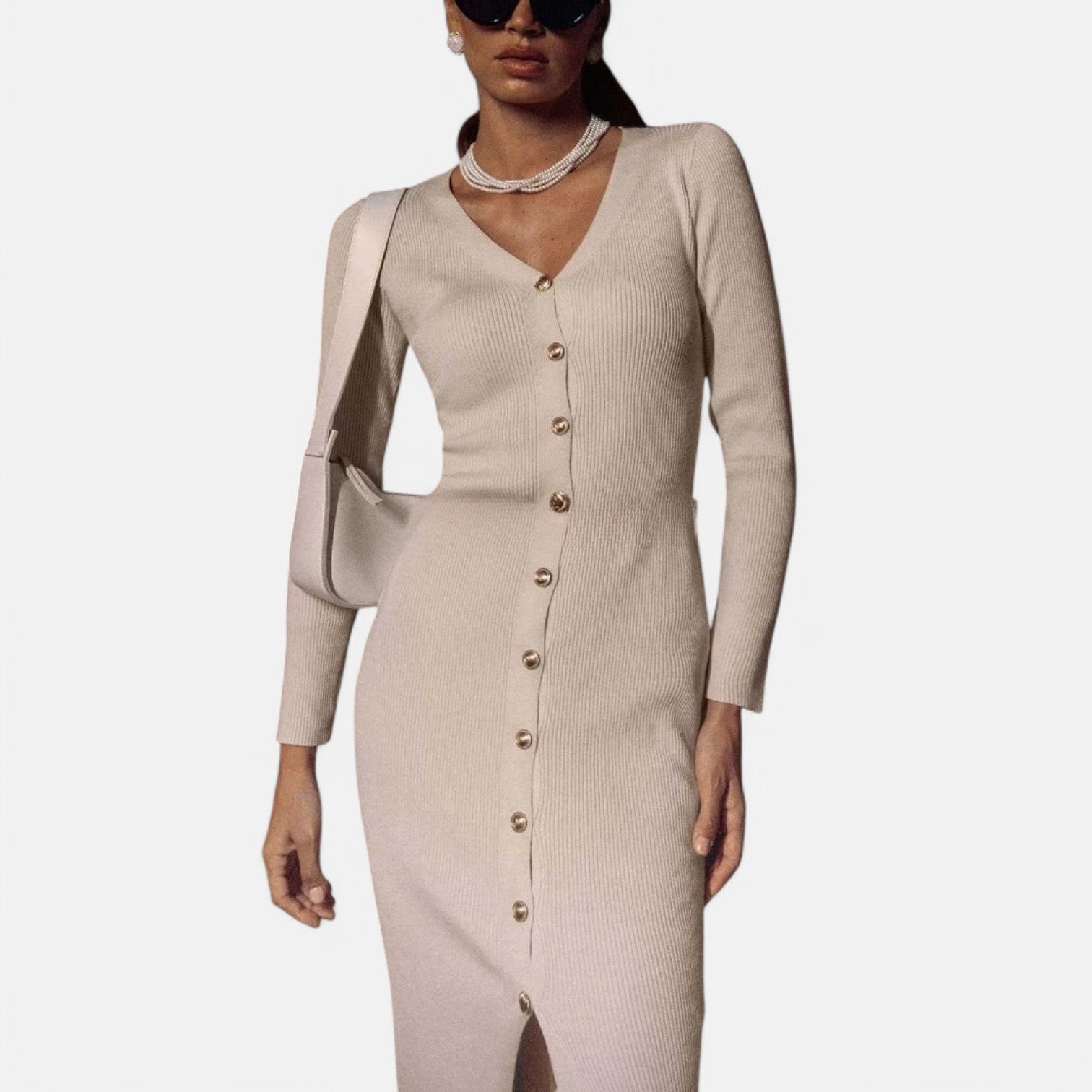 Laurel & Legacy | Women’S Elegant V-Neck Knit Maxi Dress Long Sleeve Slit Design