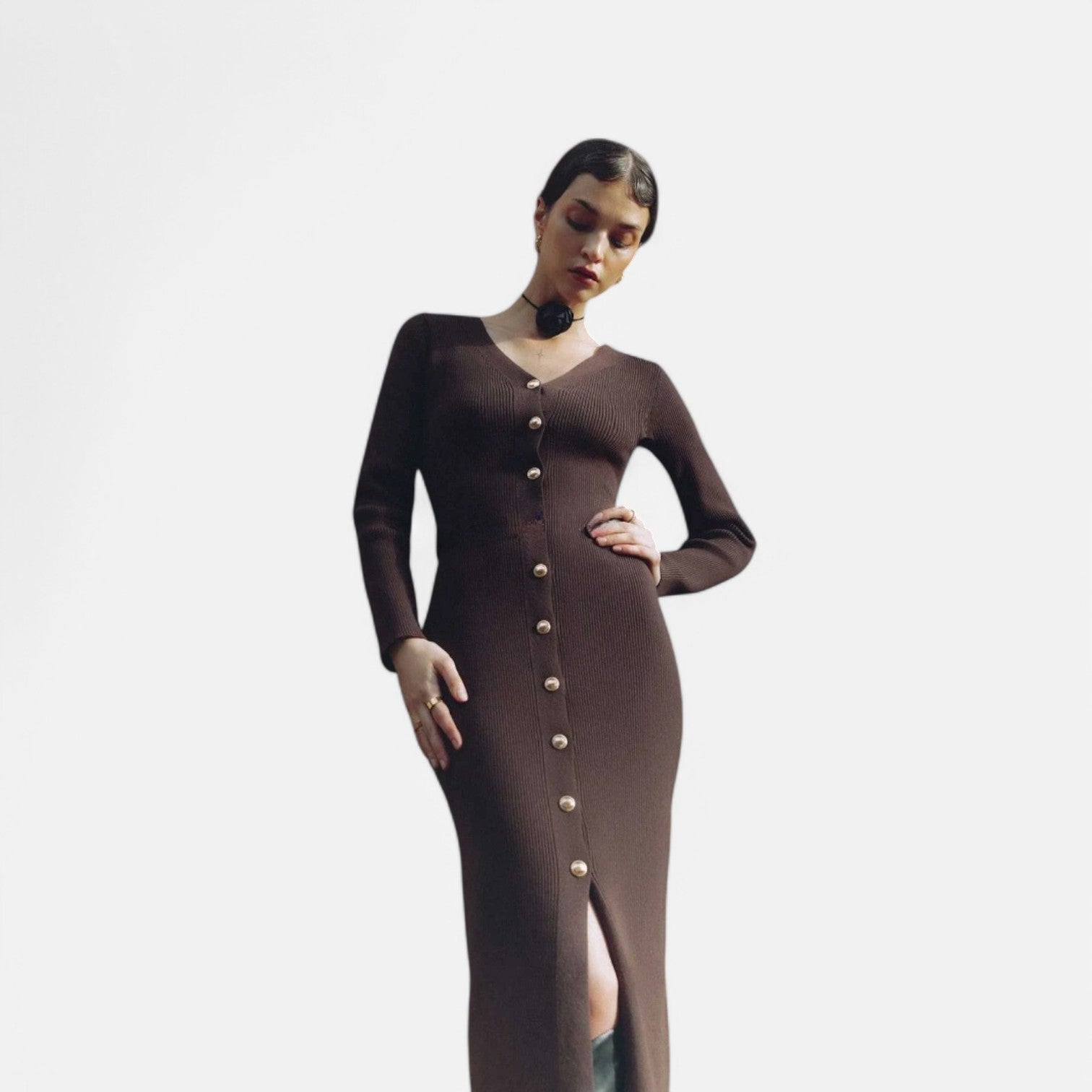 Laurel & Legacy | Women’S Elegant V-Neck Knit Maxi Dress Long Sleeve Slit Design