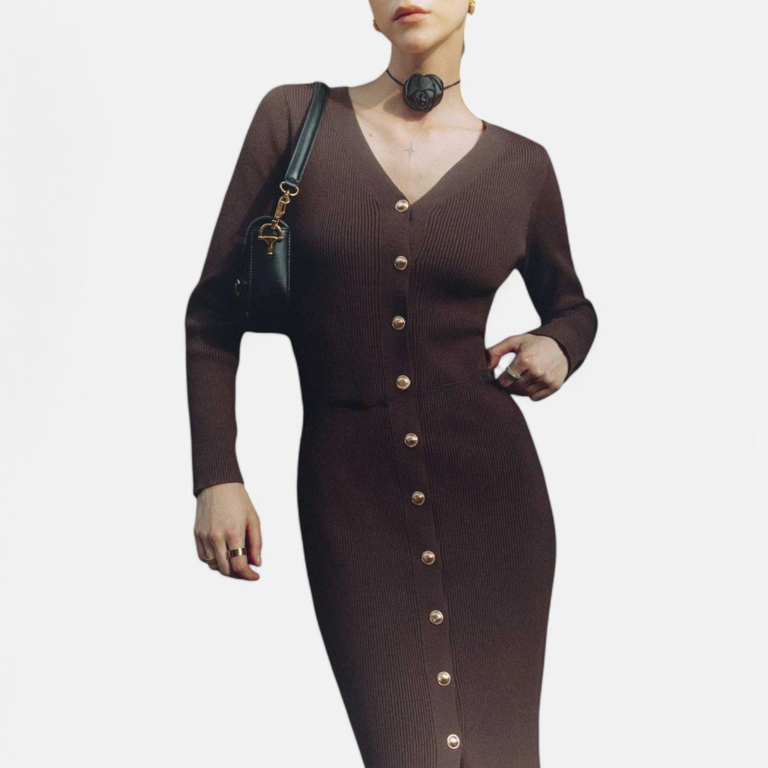 Laurel & Legacy | Women’S Elegant V-Neck Knit Maxi Dress Long Sleeve Slit Design