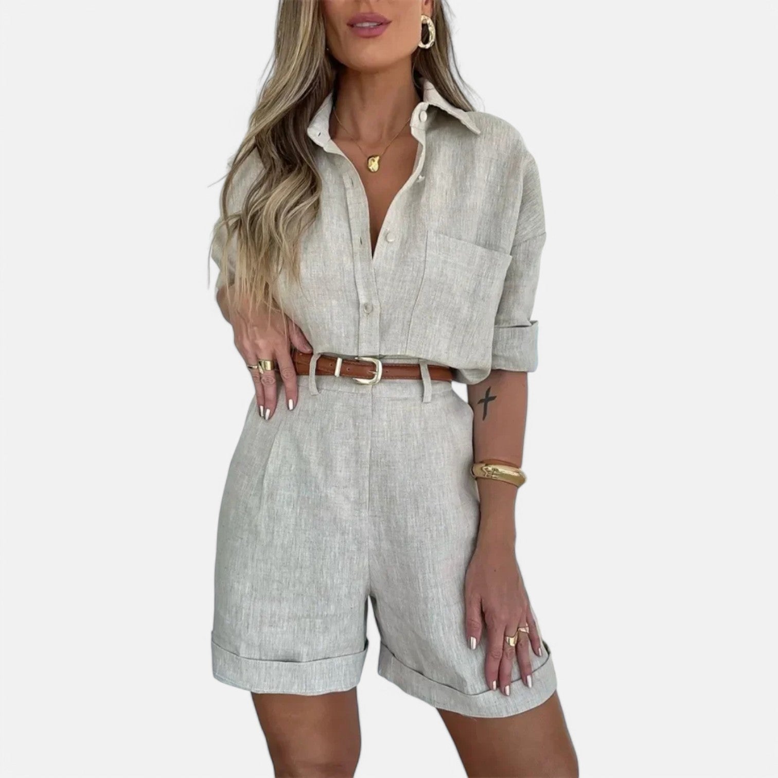 Laurel & Legacy | Women’S Summer 2-Piece Set Long Sleeve Shirt & Belted Shorts