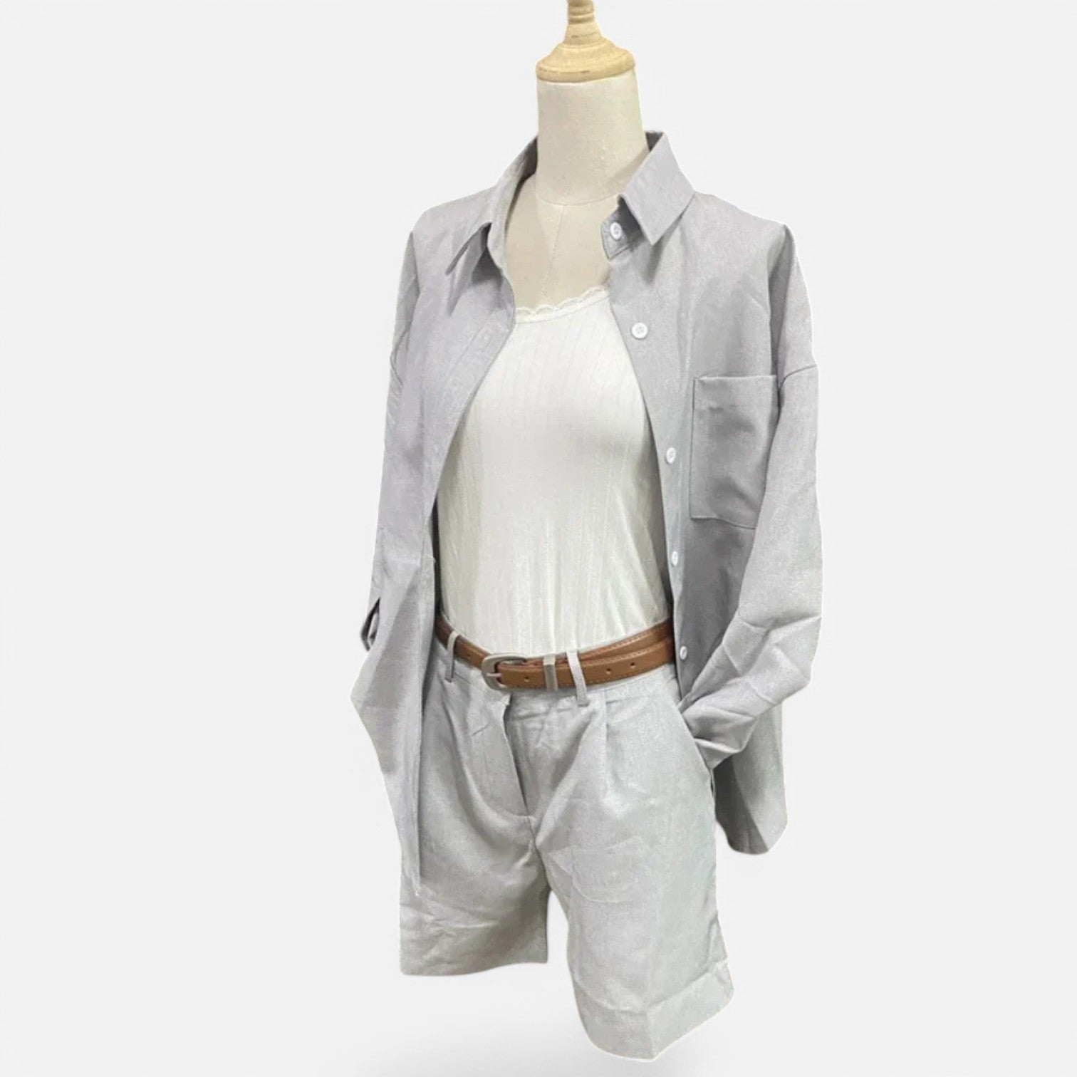 Laurel & Legacy | Women’S Summer 2-Piece Set Long Sleeve Shirt & Belted Shorts