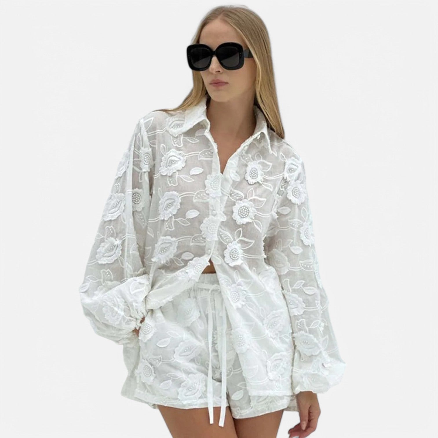 Laurel & Legacy | Women’S Summer Cotton 2-Piece Set Jacquard Shirt & High Waist Shorts
