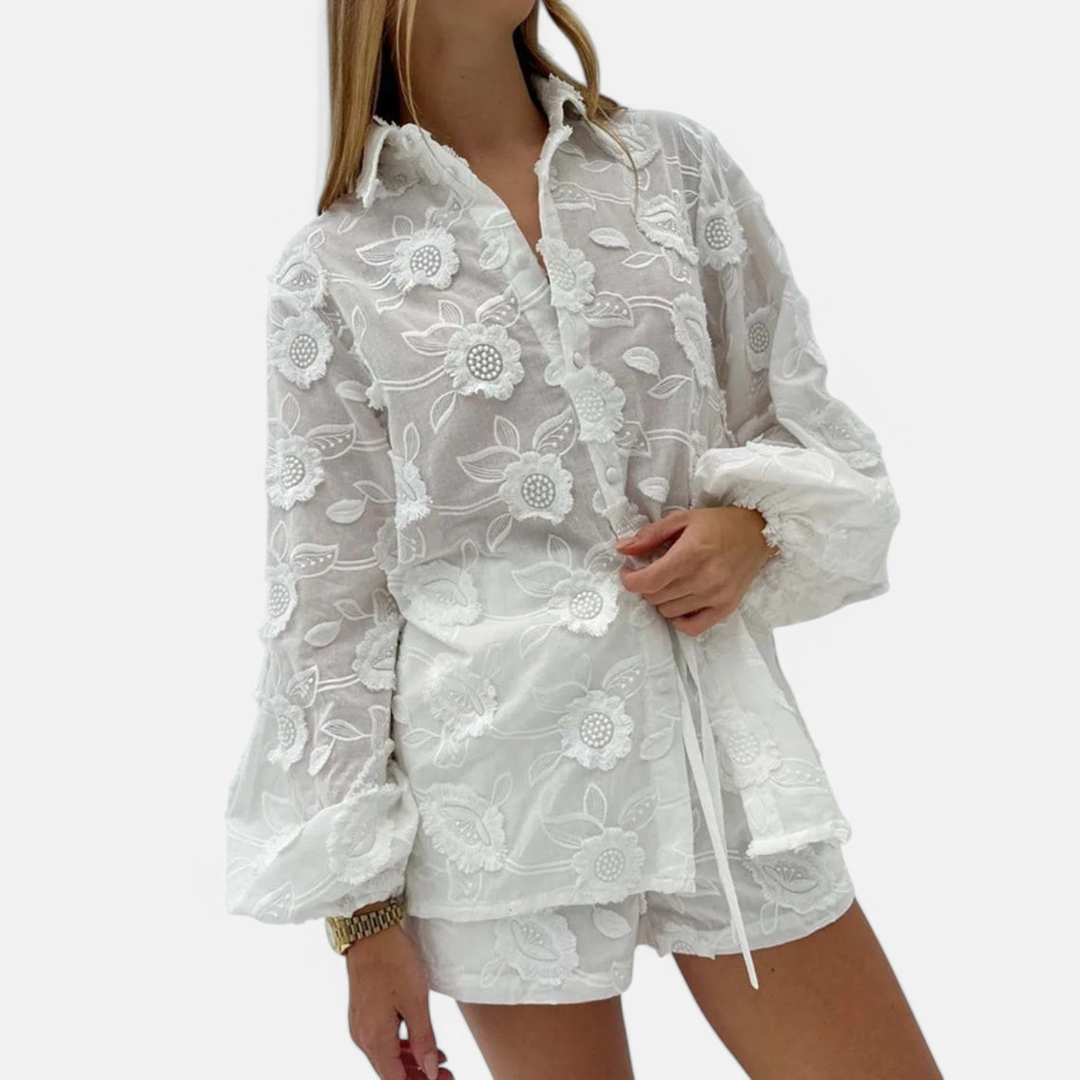 Laurel & Legacy | Women’S Summer Cotton 2-Piece Set Jacquard Shirt & High Waist Shorts