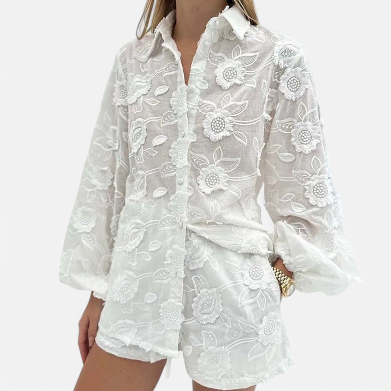 Laurel & Legacy | Women’S Summer Cotton 2-Piece Set Jacquard Shirt & High Waist Shorts