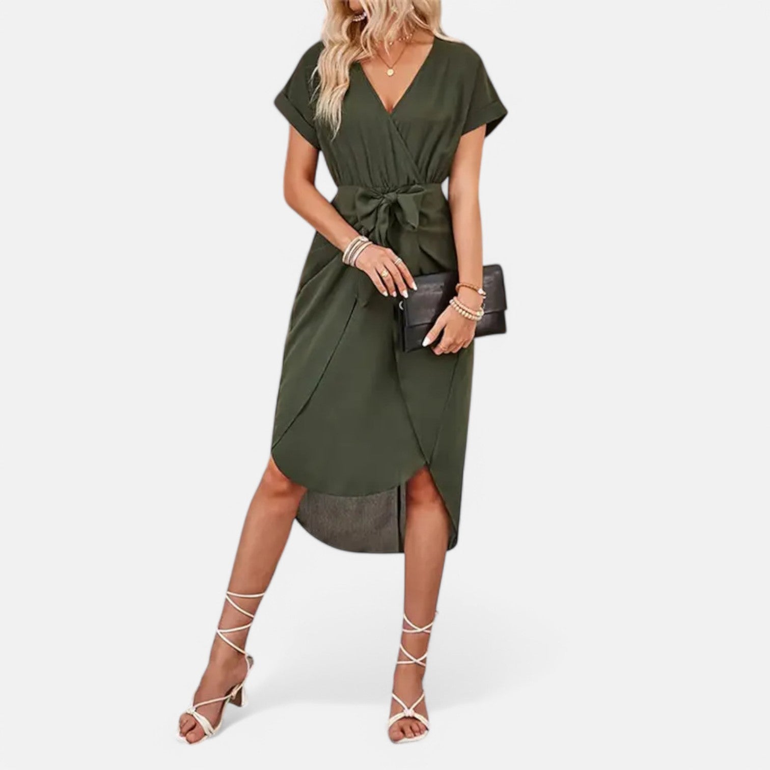 Laurel & Legacy | Women’S V-Neck Short Sleeve Tie Dress Slim Fit Elegant Casual