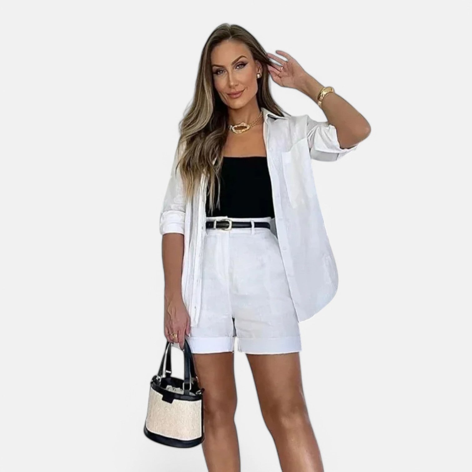 Laurel & Legacy | Women’S White Cotton Linen 2-Piece Set Shirt & High Waist Shorts