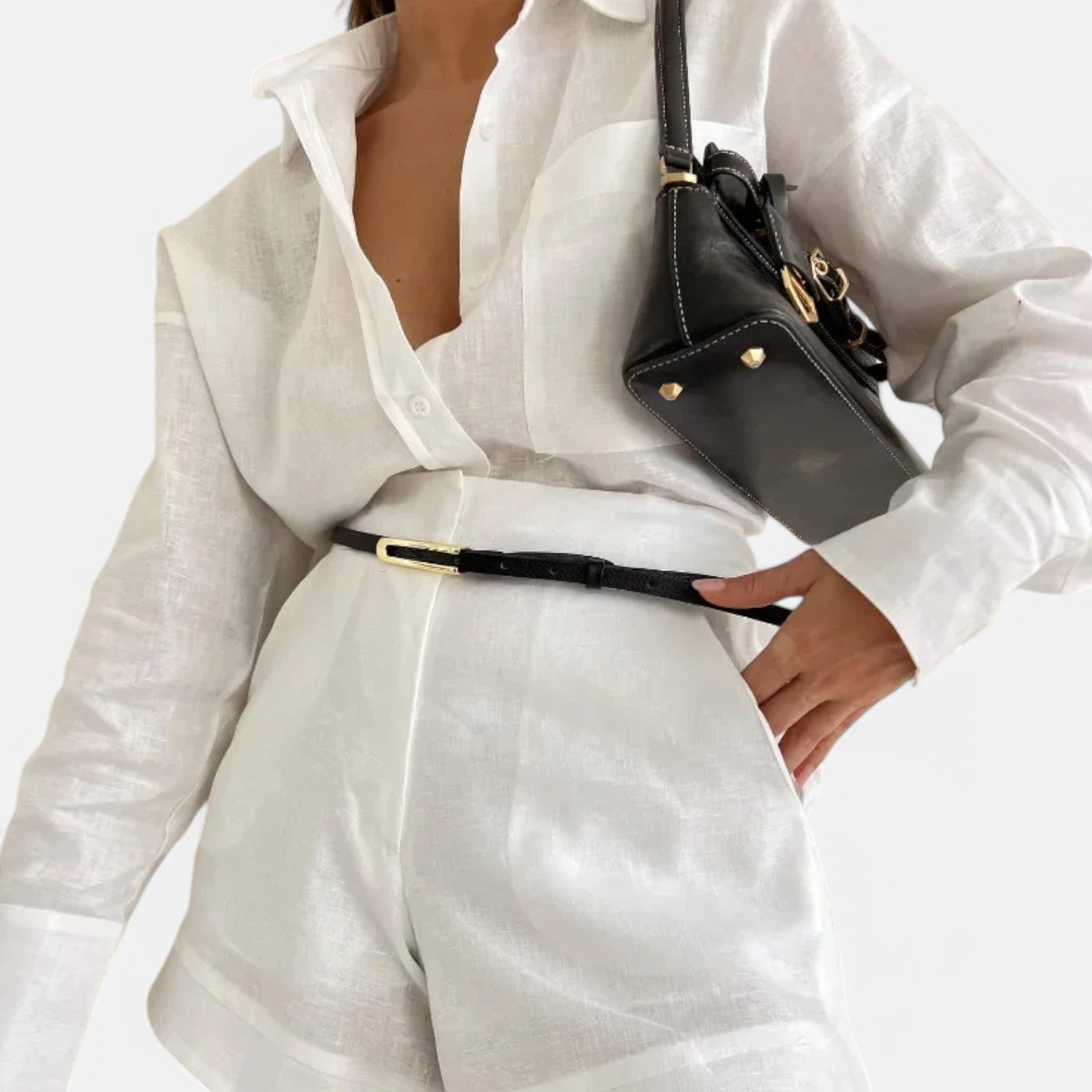 Laurel & Legacy | Women’S White Cotton Linen 2-Piece Set Shirt & High Waist Shorts