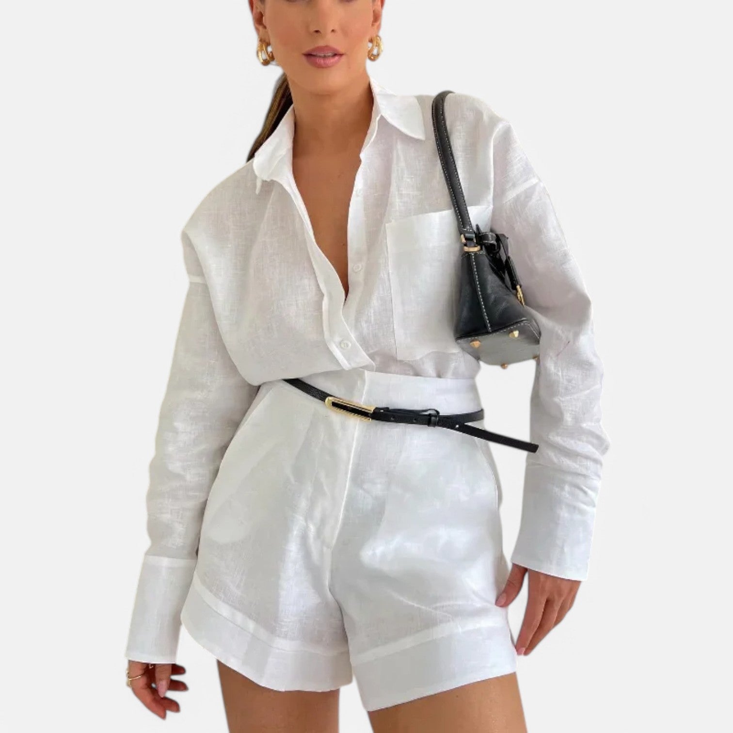 Laurel & Legacy | Women’S White Cotton Linen 2-Piece Set Shirt & High Waist Shorts