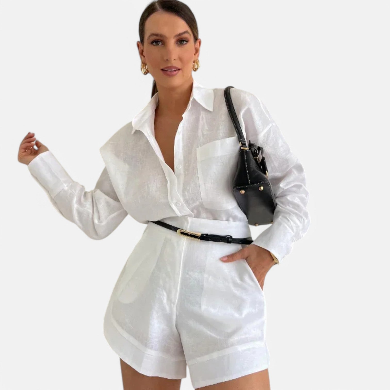 Laurel & Legacy | Women’S White Cotton Linen 2-Piece Set Shirt & High Waist Shorts
