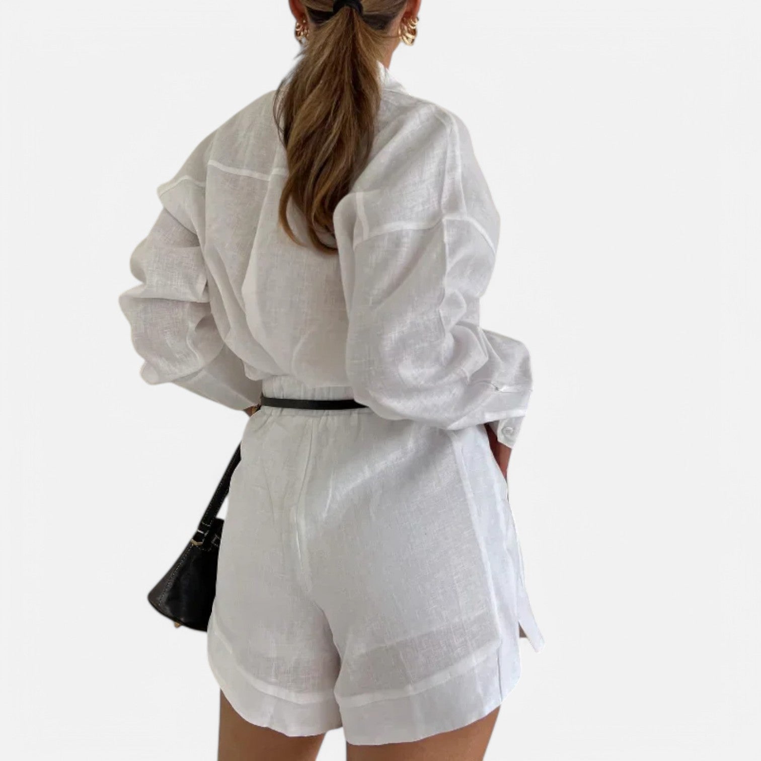 Laurel & Legacy | Women’S White Cotton Linen 2-Piece Set Shirt & High Waist Shorts