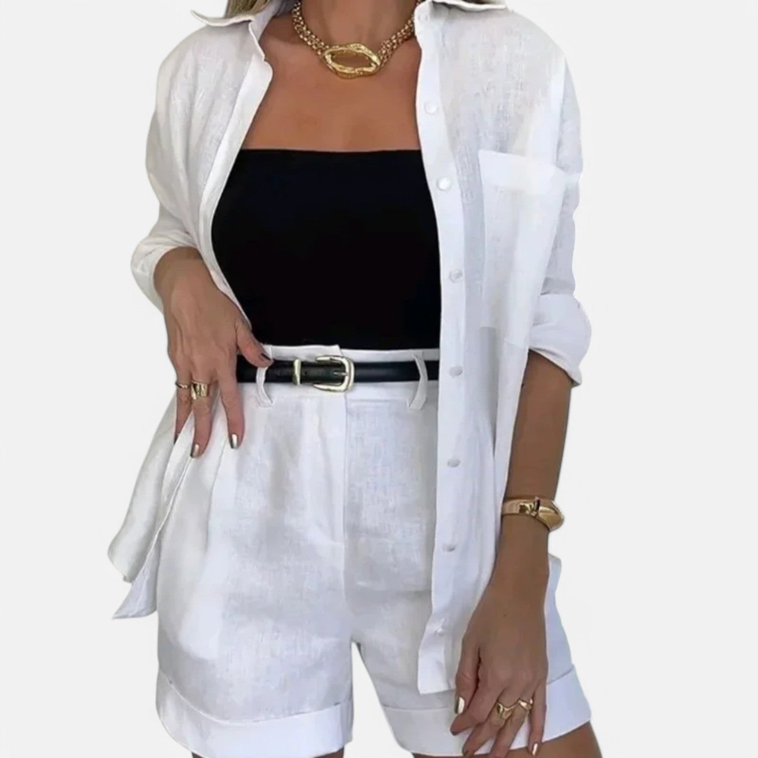 Laurel & Legacy | Women’S White Cotton Linen 2-Piece Set Shirt & High Waist Shorts