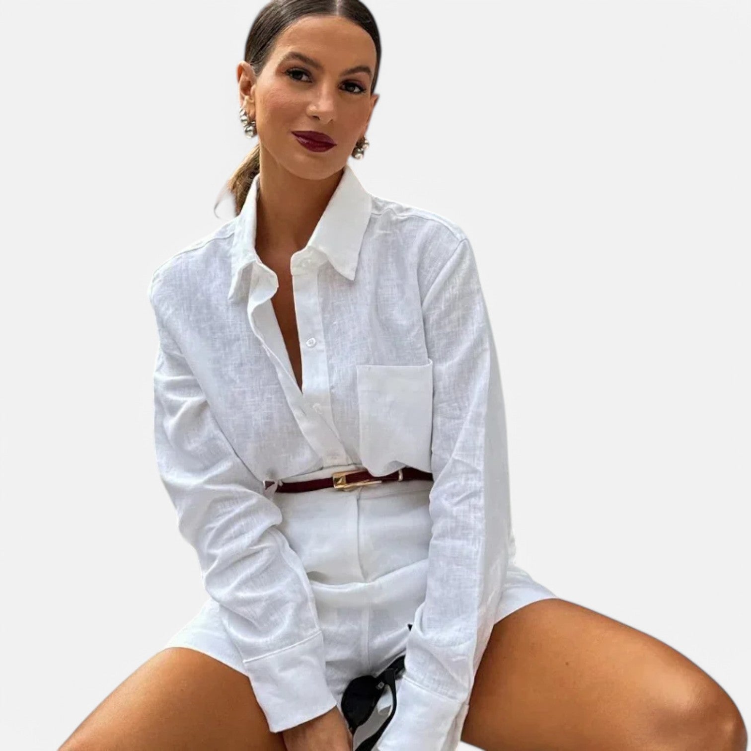 Laurel & Legacy | Women’S White Cotton Linen 2-Piece Set Shirt & High Waist Shorts