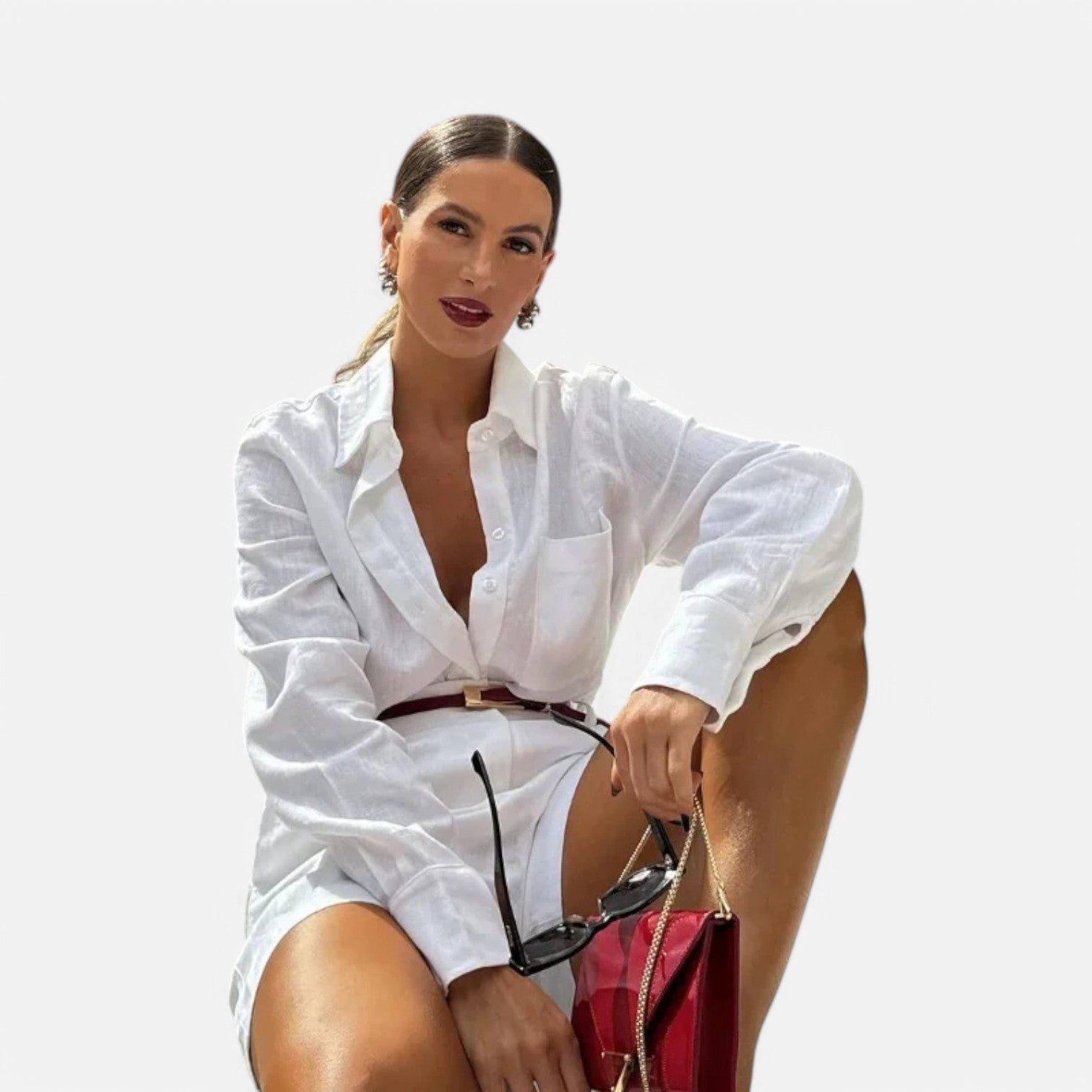 Laurel & Legacy | Women’S White Cotton Linen 2-Piece Set Shirt & High Waist Shorts