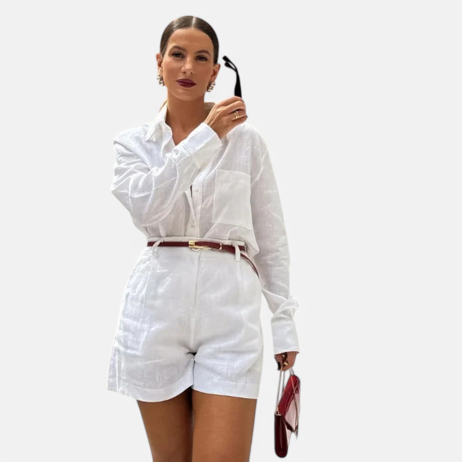 Laurel & Legacy | Women’S White Cotton Linen 2-Piece Set Shirt & High Waist Shorts