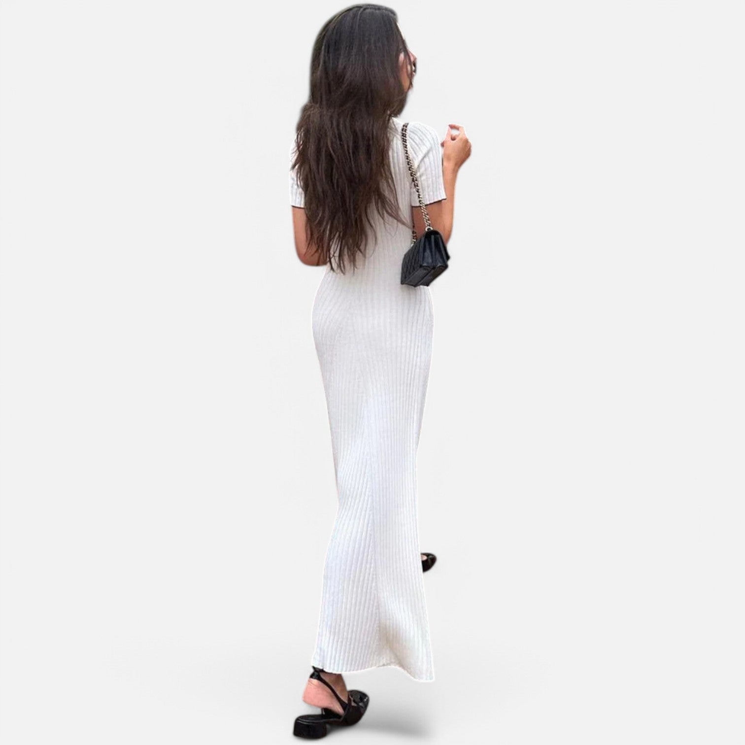 Laurel & Legacy | Women’S White Knit Maxi Dress Short Sleeve Elegant High Waist