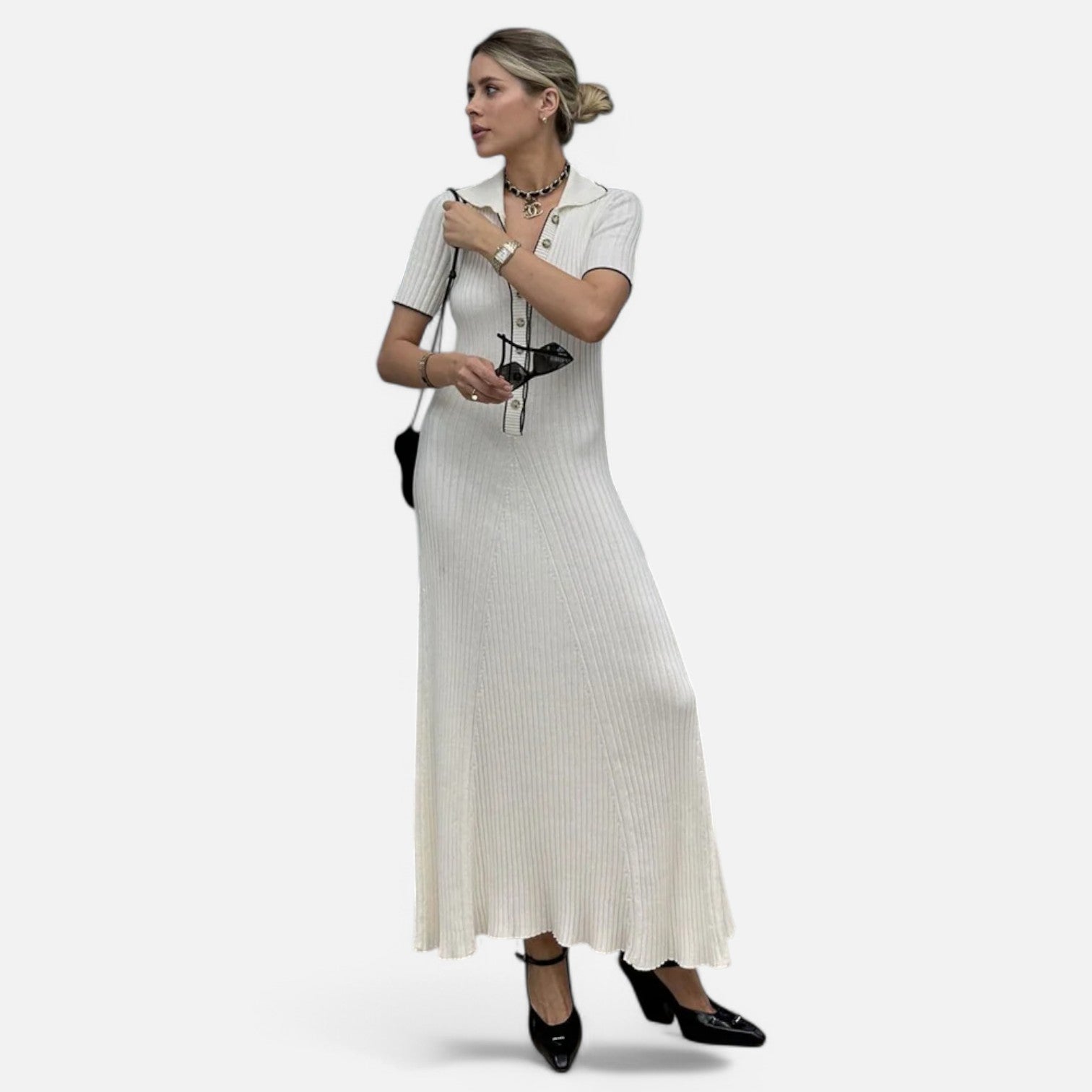 Laurel & Legacy | Women’S White Knit Maxi Dress Short Sleeve Elegant High Waist
