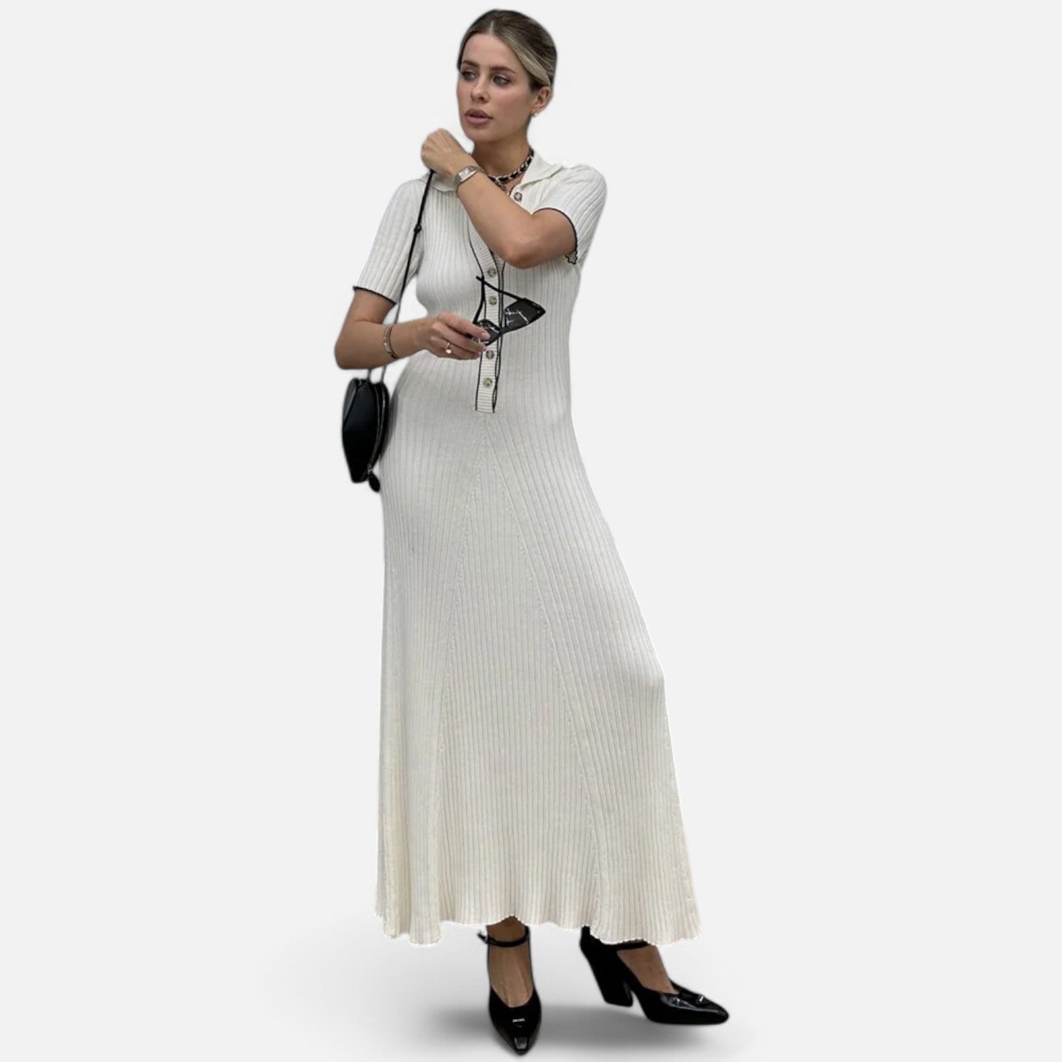 Laurel & Legacy | Women’S White Knit Maxi Dress Short Sleeve Elegant High Waist