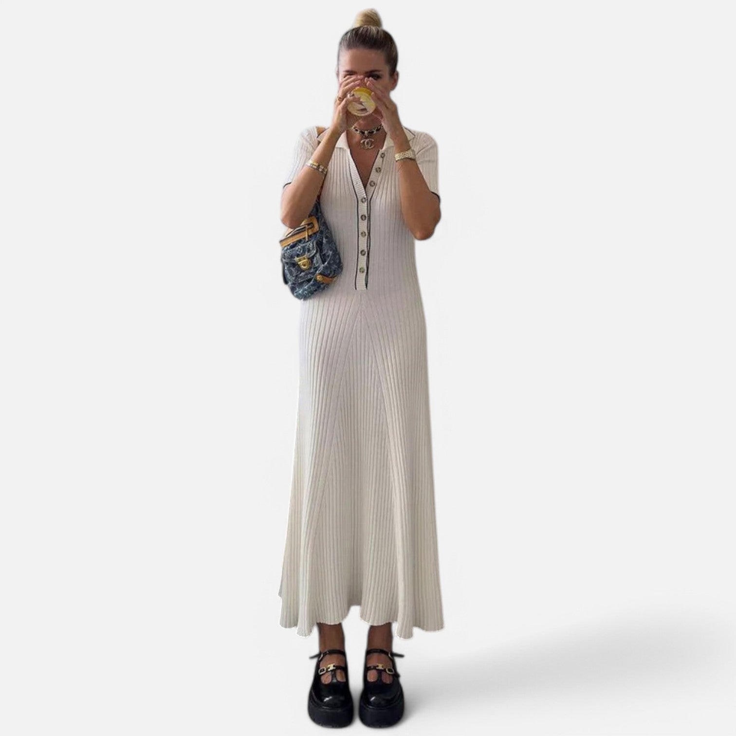 Laurel & Legacy | Women’S White Knit Maxi Dress Short Sleeve Elegant High Waist