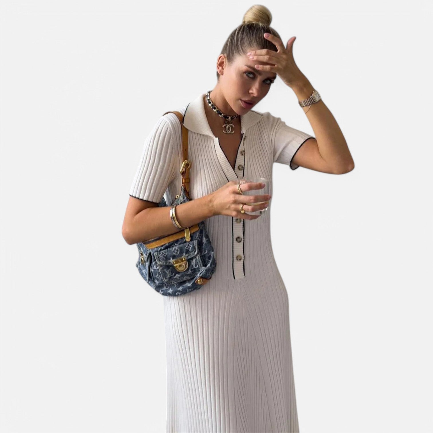 Laurel & Legacy | Women’S White Knit Maxi Dress Short Sleeve Elegant High Waist