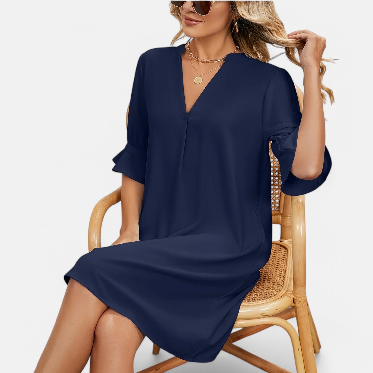 Laurel & Legacy | Summer V-Neck Pleated 3/4 Sleeve Loose Dress For Women