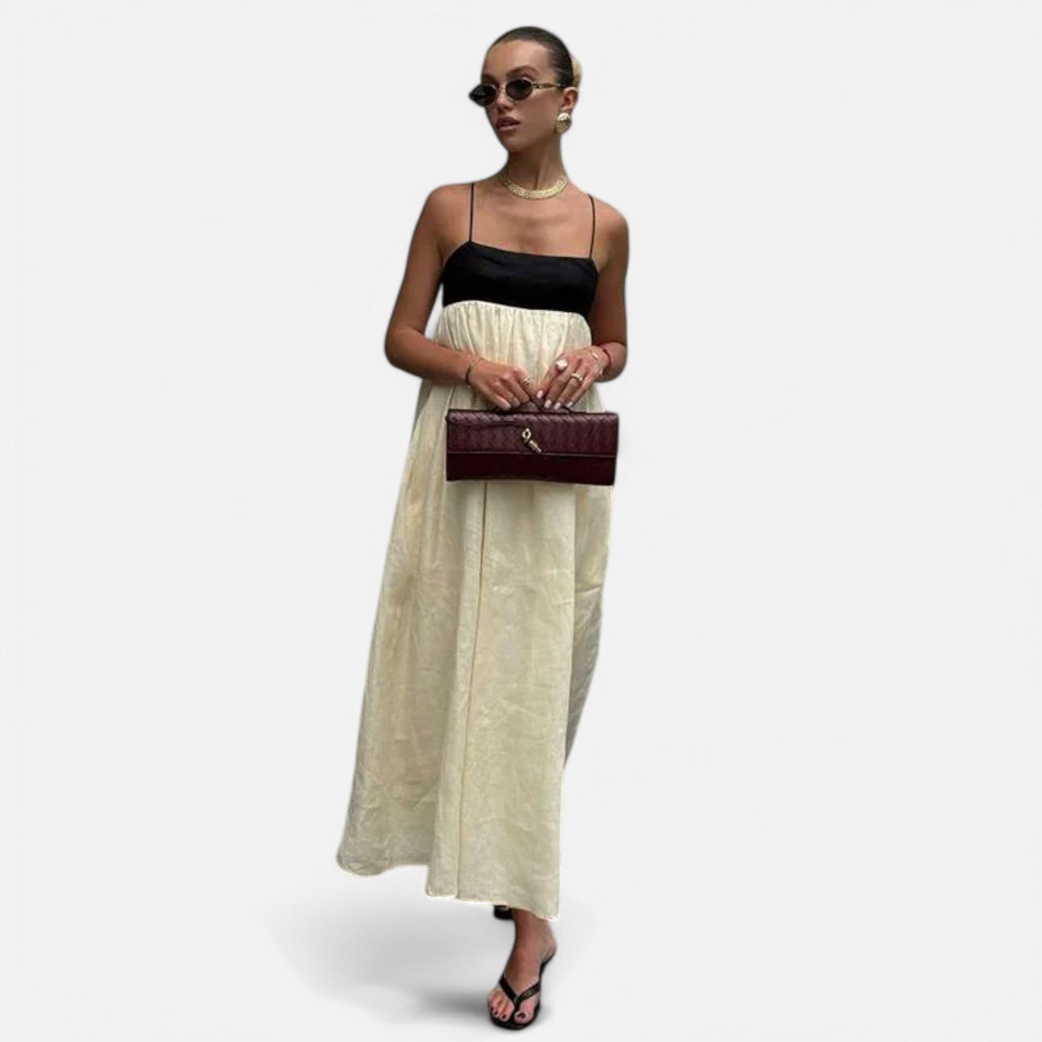 Laurel & Legacy | Women’S Elegant Contrast Maxi Dress Square Neck Backless High Waist