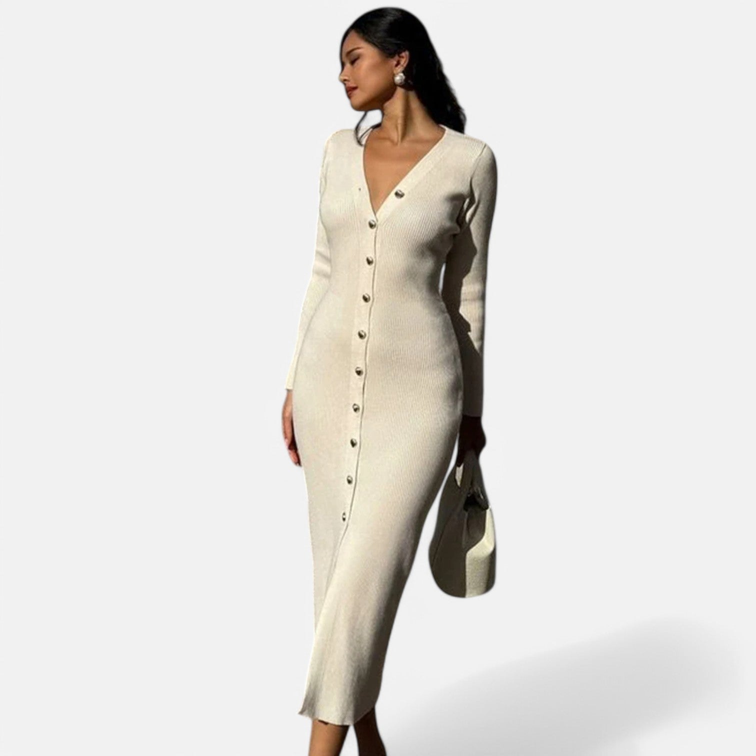 Laurel & Legacy | Women’S Elegant V-Neck Knit Maxi Dress Long Sleeve Slit Design