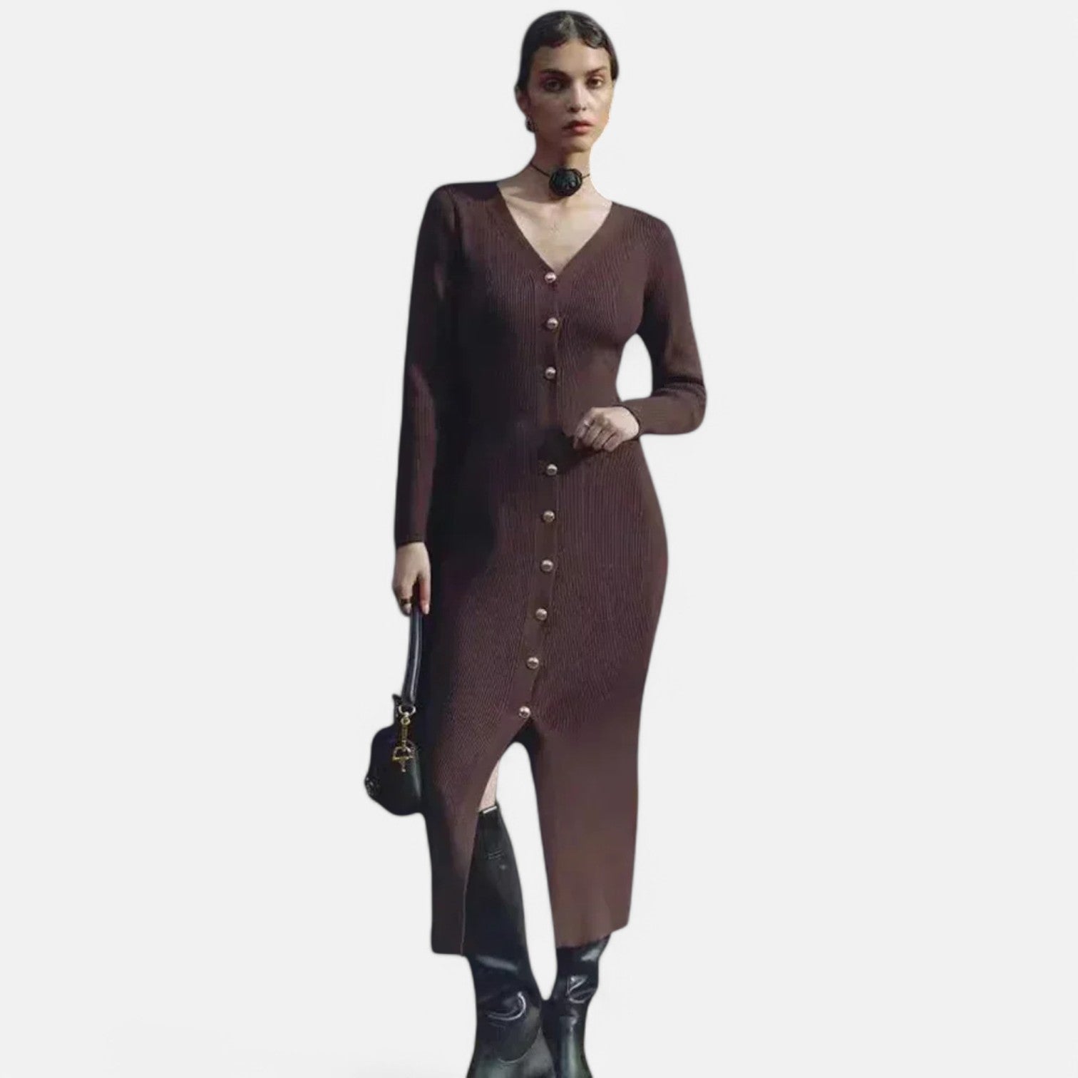 Laurel & Legacy | Women’S Elegant V-Neck Knit Maxi Dress Long Sleeve Slit Design