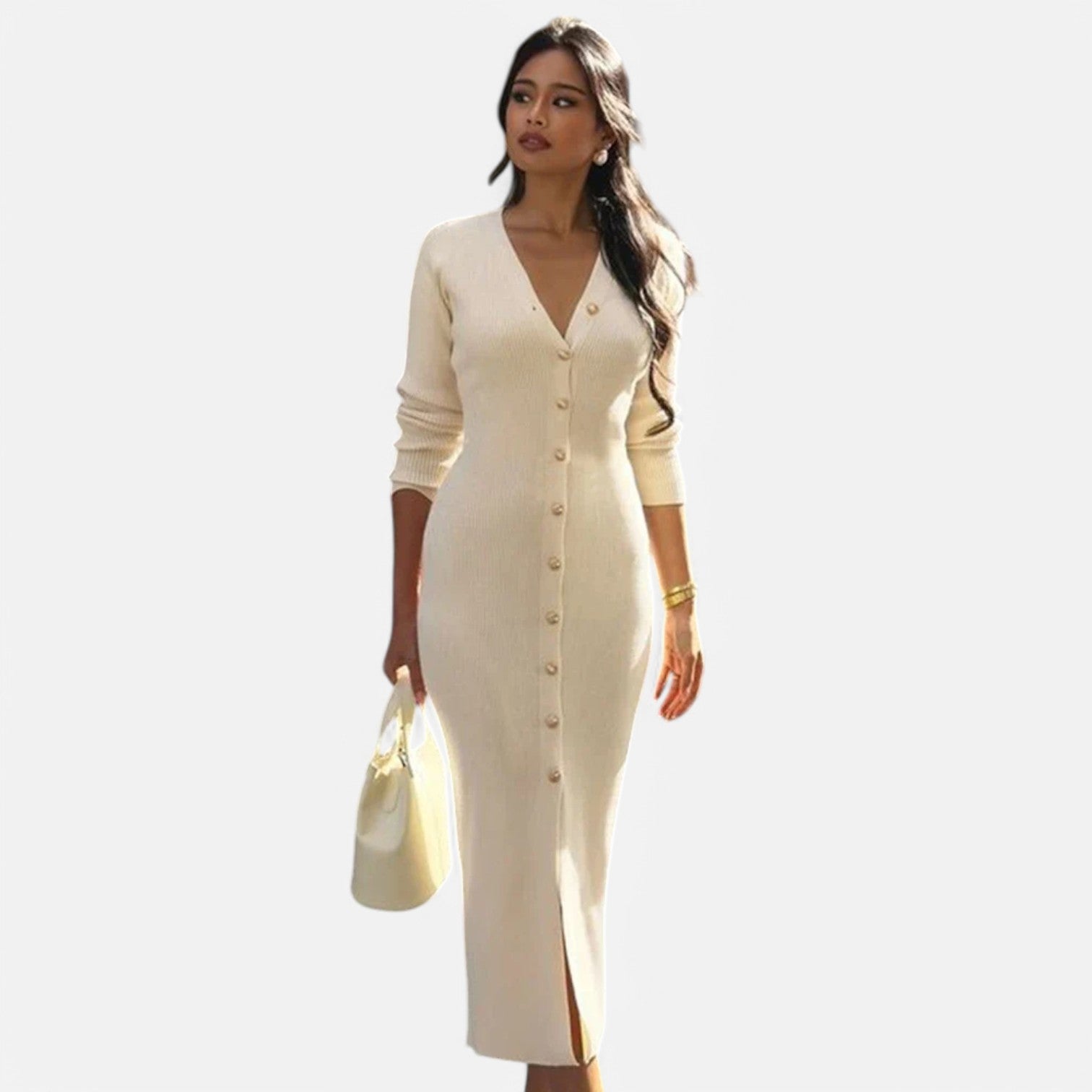 Laurel & Legacy | Women’S Elegant V-Neck Knit Maxi Dress Long Sleeve Slit Design