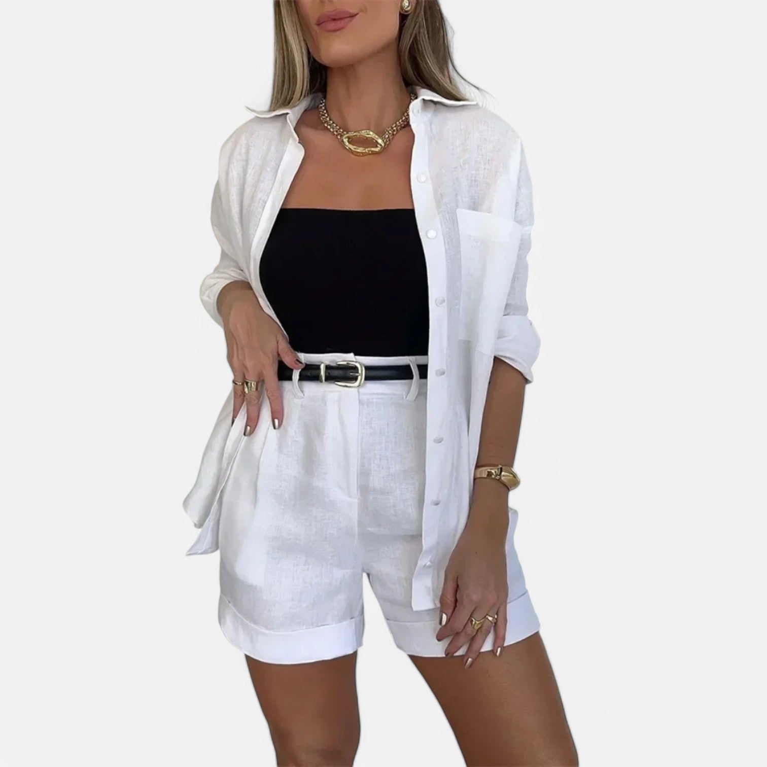 Laurel & Legacy | Women’S Summer 2-Piece Set Long Sleeve Shirt & Belted Shorts