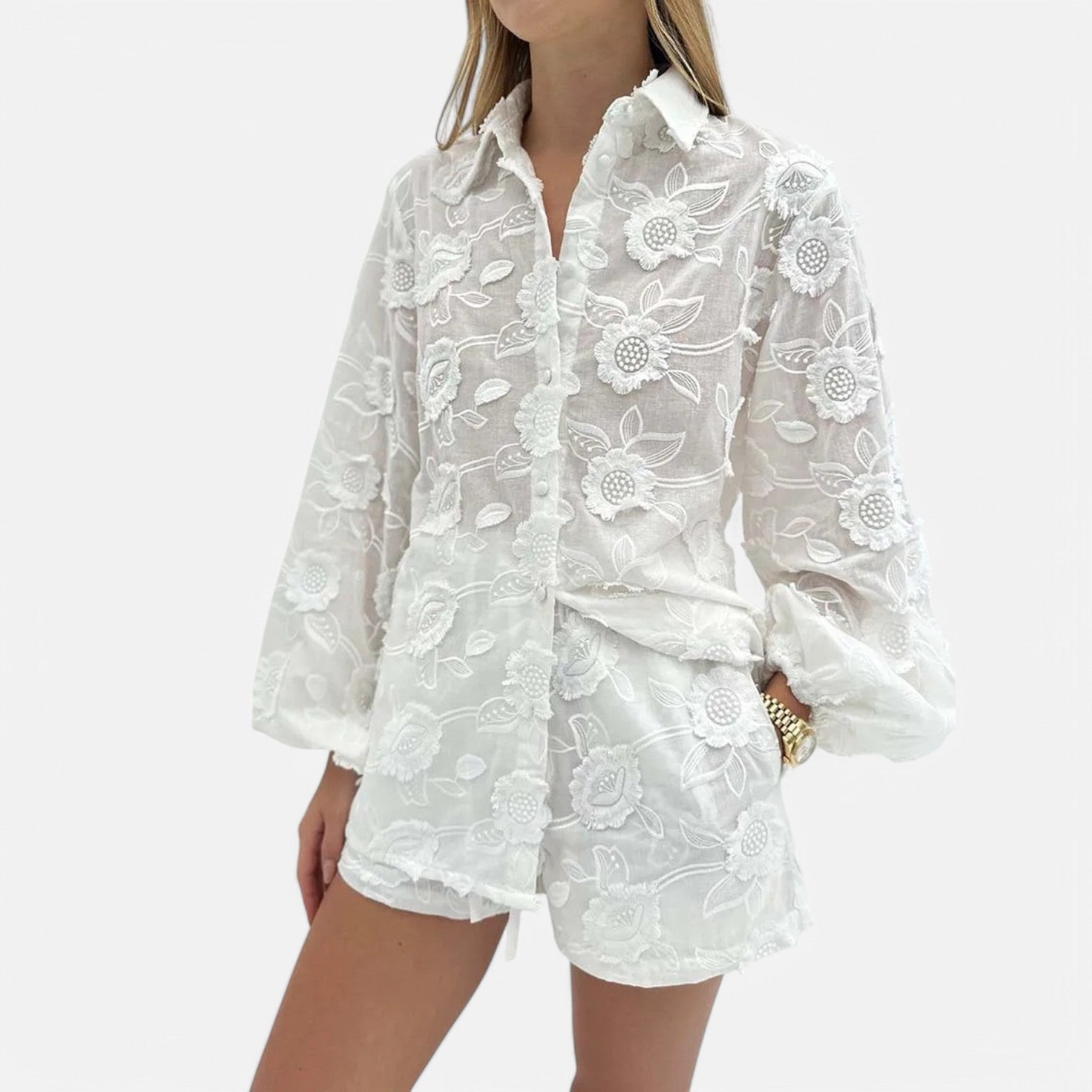 Laurel & Legacy | Women’S Summer Cotton 2-Piece Set Jacquard Shirt & High Waist Shorts