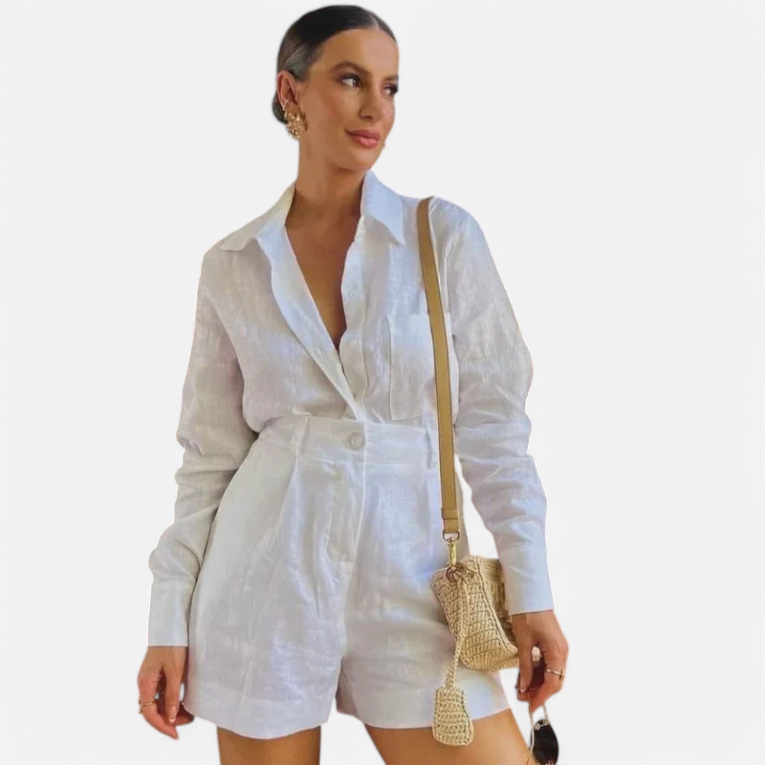 Laurel & Legacy | Women’S White Cotton Linen 2-Piece Set Shirt & High Waist Shorts